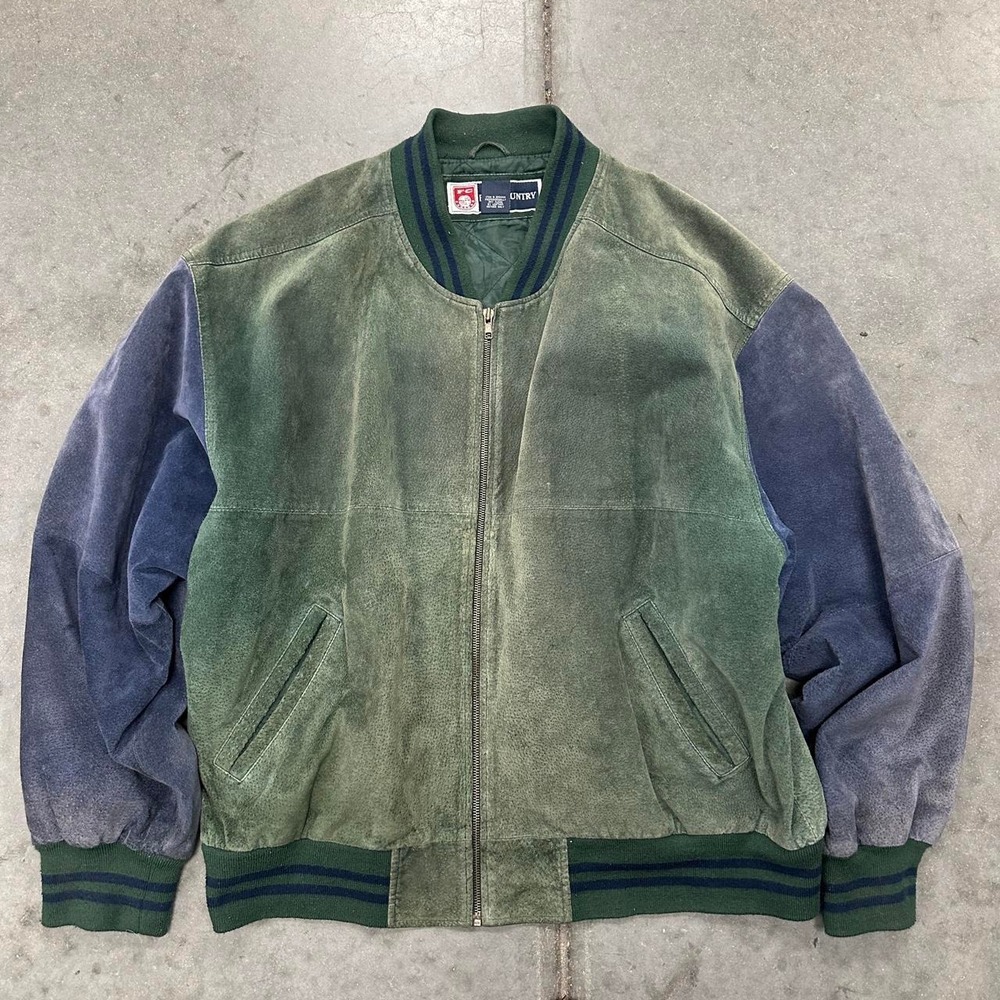 90s Free Country Green Blue Suede Leather Bomber Jacket Size XXL